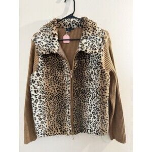 Capri Women’s Large Ribbed Knit Sweater Faux Fur Leopard Lined Brown Cozy Chic